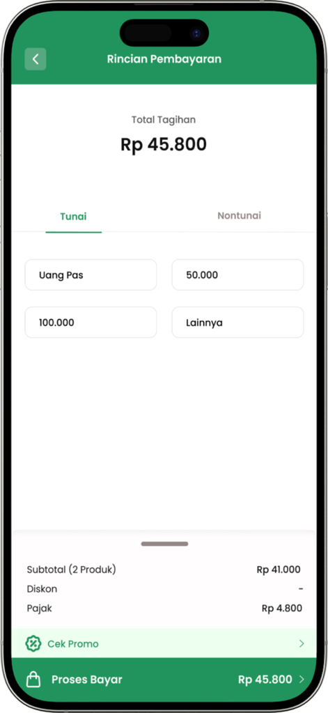 MKASIR - APLIKASI KASIR - MKASIR 앱 결제 세부 정보 화면에는 거래 요약 및 인도네시아 루피아 현금 결제 옵션이 표시됩니다.