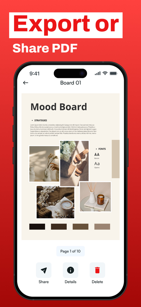 Uma interface de aplicativo móvel mostrando um mood board de PDF com opções para exportar, compartilhar ou visualizar detalhes do documento