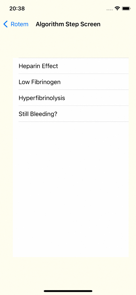 Schermata di selezione del passaggio dell'algoritmo nell'app TEGRotem con opzioni come Effetto Eparina e Basso Fibrinogeno.
