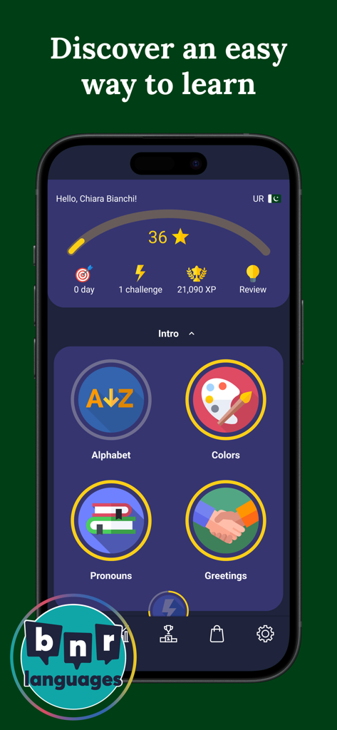 Interface do aplicativo Learn Urdu Beginners exibindo lições introdutórias de alfabeto, cores, pronomes e saudações