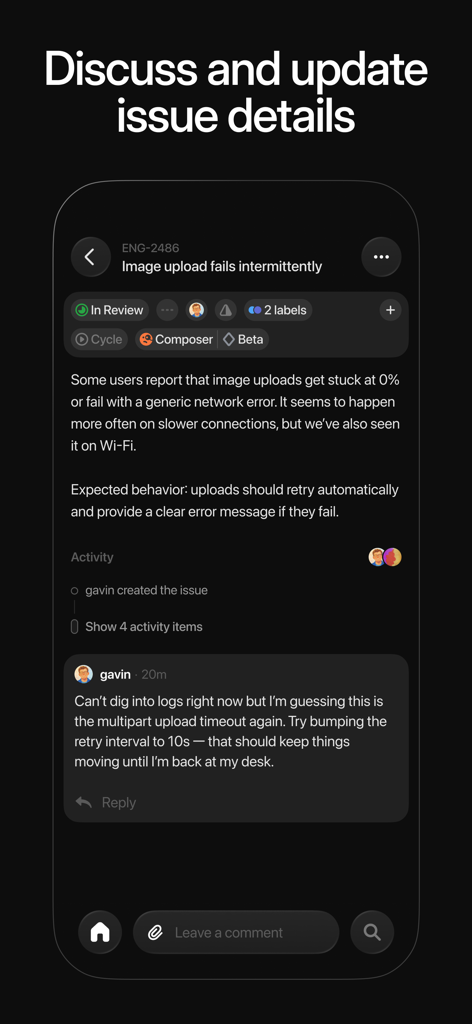 Una pantalla móvil que muestra los detalles de la incidencia del software y la discusión del equipo en la aplicación Linear