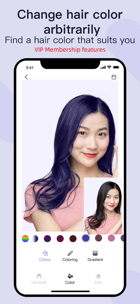 Hairstyle & Hair Color Changer - Pantalla de una aplicación móvil que muestra a una mujer previsualizando un vibrante color de cabello morado utilizando la función de tinte de cabello virtual