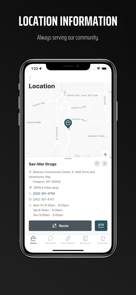 Tela do aplicativo Sav-Mor Drugs Pharmacy mostrando mapa de localização, endereço e horário de funcionamento