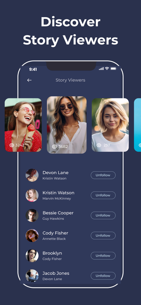 Oberfläche der Unfollowers Tracker App, die Instagram Story-Viewer und eine Liste von Profilen mit Entfolge-Schaltflächen anzeigt.