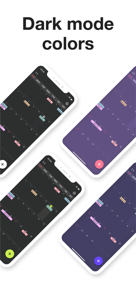 Cuatro pantallas de smartphone que muestran diferentes temas de color en modo oscuro y diseños de eventos codificados por colores para la aplicación My Calendar.