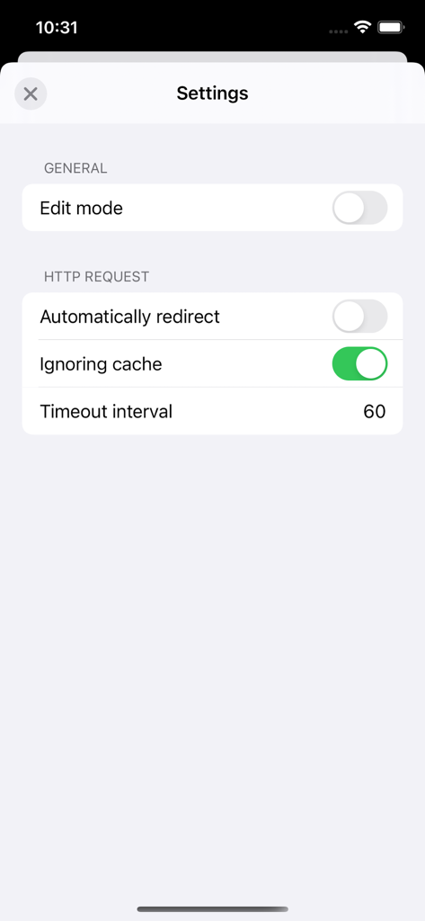 Settings screen for HTTP Request Maker showing redirect and cache options