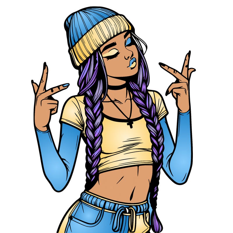 realistic teenage girl with braids and a beanie and crop top doing 🫶🏼