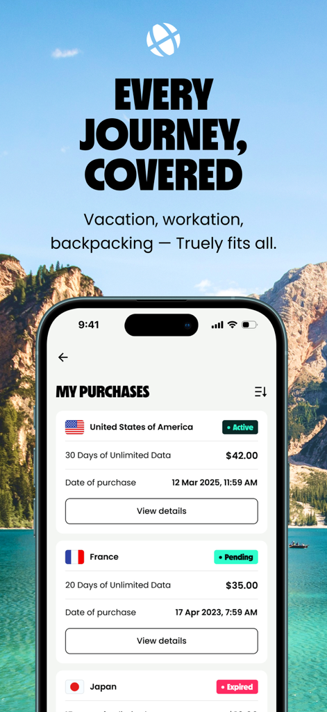 Truely・Travel eSIM & Data Plan - Truely app interface showing a list of purchased travel eSIM data plans for the USA and France