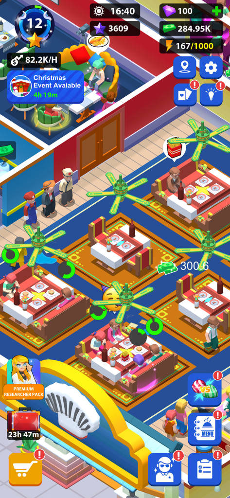 Dream Restaurant - Idle Tycoon - Gameplay view of a busy restaurant in the Dream Restaurant Idle Tycoon mobile game showing customers at tables and staff managing the floor