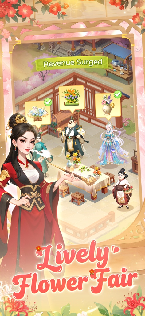 My Garden Tale - Uma tela colorida de My Garden Tale mostrando personagens em uma animada feira de flores com arranjos florais.