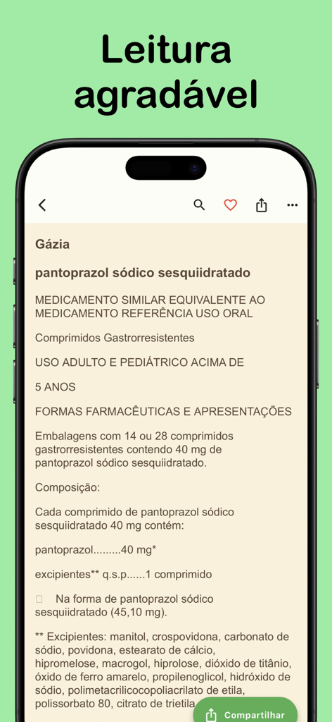 Guia de Bulas - Uma bula de medicamento clara e legível em português exibida em um iPhone usando o aplicativo Guia de Bulas