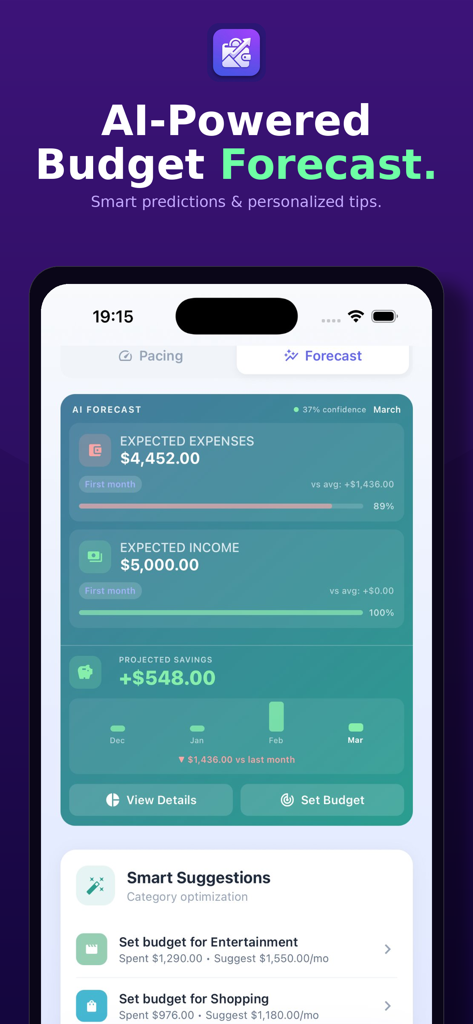 SpendWise: Expenses Tracker - SpendWise app screen displaying AI-powered budget forecasting with projected savings and smart spending suggestions.