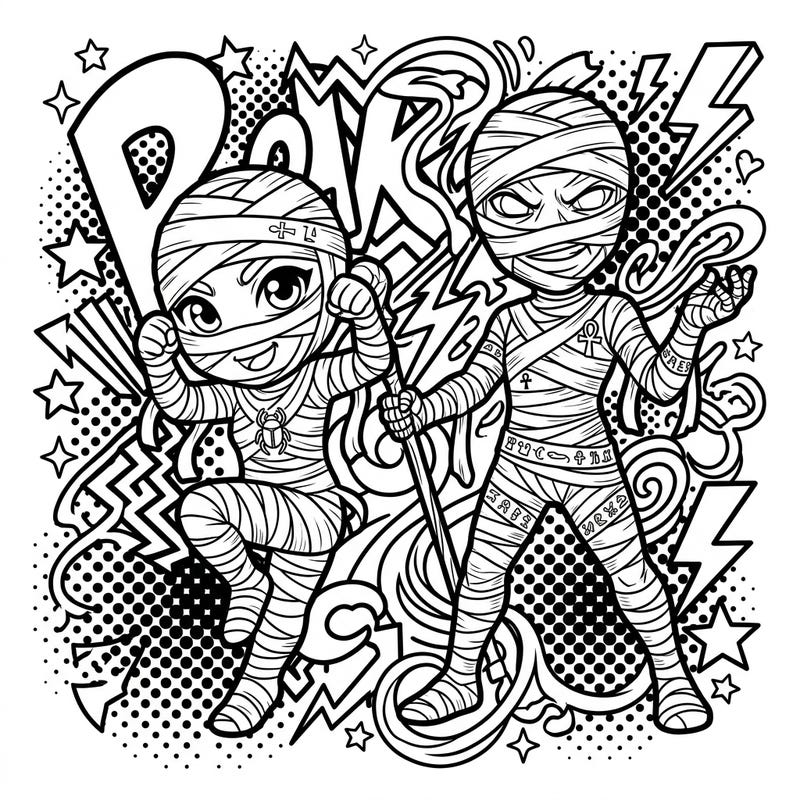 Discover this captivating coloring page featuring two dynamic Fantasy Mummies rendered in an exciting Pop Art style. Unleash your creativity on a scene bursting with ancient mystique and modern graphic energy.