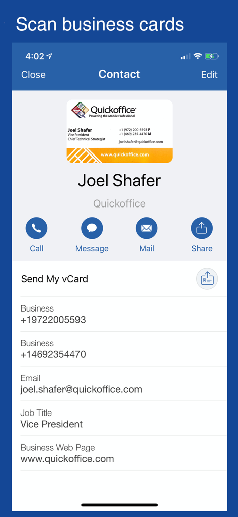 Notate for Microsoft 365 - Mobile app screen showing a business card scanned and converted into a digital contact profile within Notate for Microsoft 365.