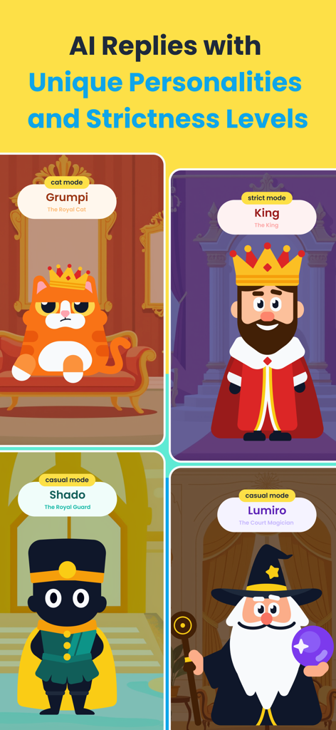 Four cartoon AI characters showing unique personalities for screen time management in Clarymind.