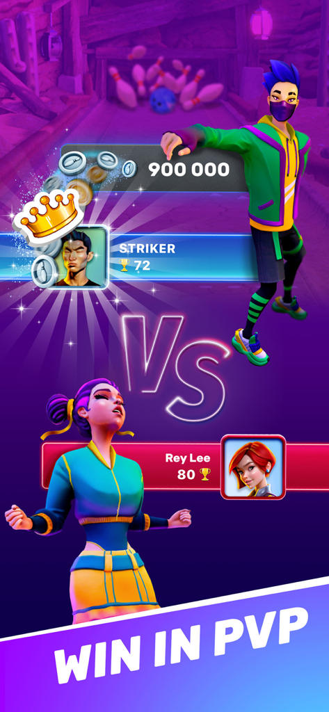 Two players facing off in a Bowling Clash PvP match with high stakes and rewards