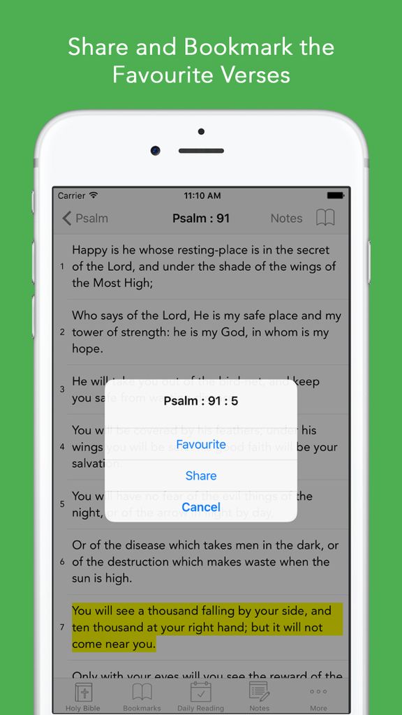 Screenshot of the Daily Bible app displaying a verse from Psalm 91 with a popup menu to favorite or share.