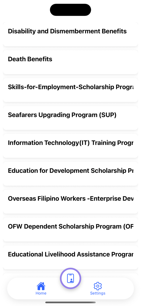 OWWA Mobile App - A list of OWWA benefits and scholarship programs for Overseas Filipino Workers shown on a mobile screen.