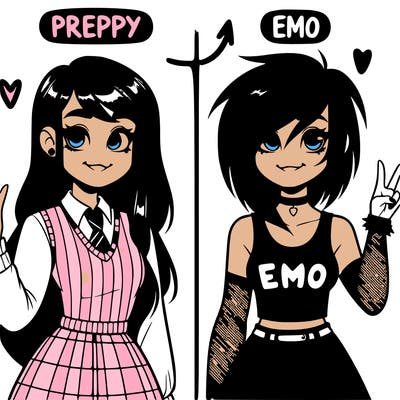 one side a preppy girl other side emo girl realistic