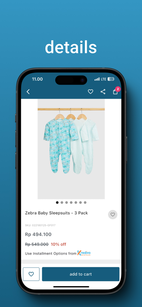 Mothercare Indonesia - Product detail page for baby sleepsuits in the Mothercare Indonesia mobile app.