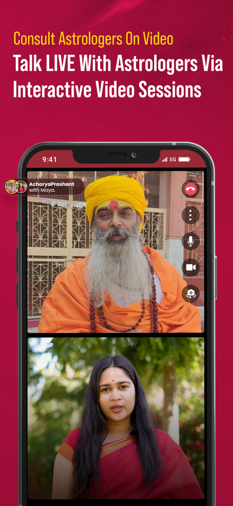 Anytime Astro Live Chat & Talk - Una mujer tiene una videollamada interactiva en vivo con un astrólogo védico en la aplicación Anytime Astro.