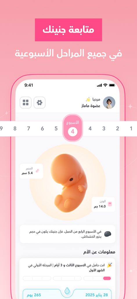 ماماز+ | متابعة الحمل والدورة - ママプラス妊娠追跡アプリのインターフェース（アラビア語）、妊娠4週目の胎児の発達とサイズを表示