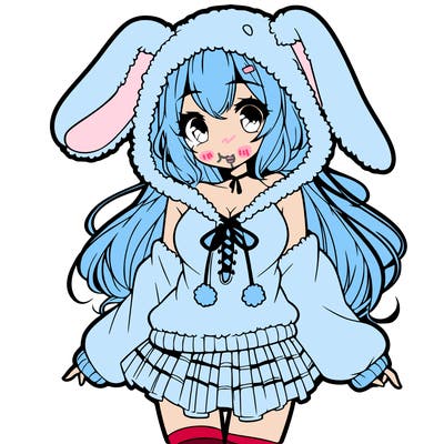 pretty anime girl wearing a fluffy hoodie with bunny ears on the hood and a skirt