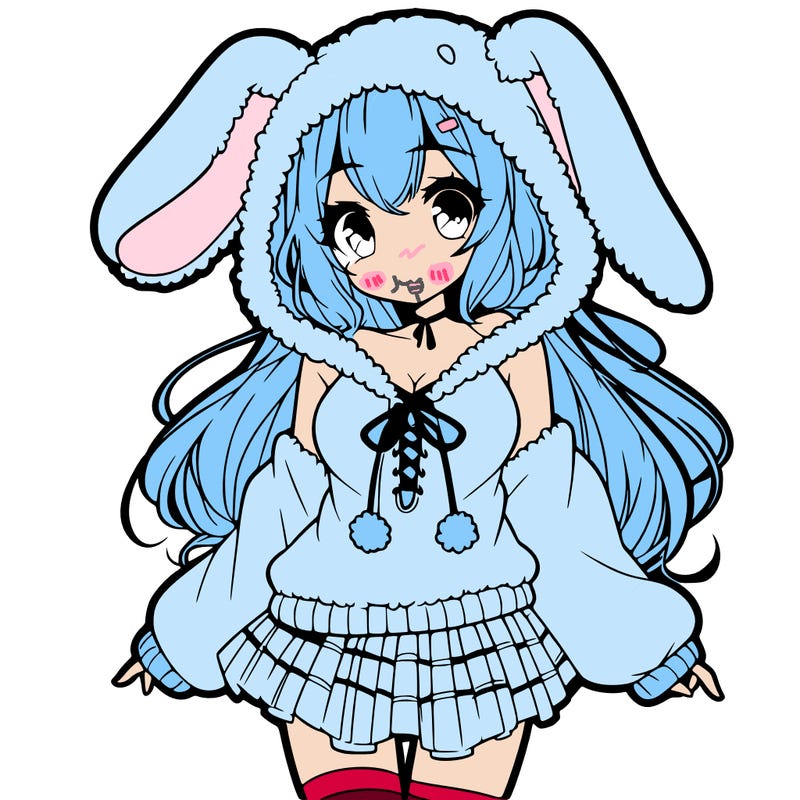 pretty anime girl wearing a fluffy hoodie with bunny ears on the hood and a skirt