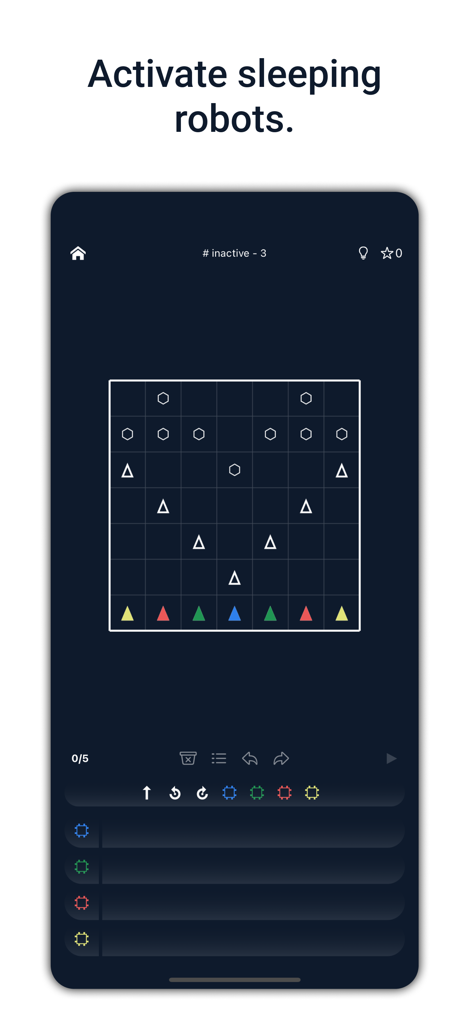 Gameplay screen of Recursive showing a logic puzzle to activate sleeping robots with coding commands