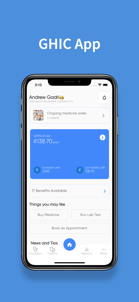 GHIC App - GHIC App dashboard showing insurance plan details and health services
