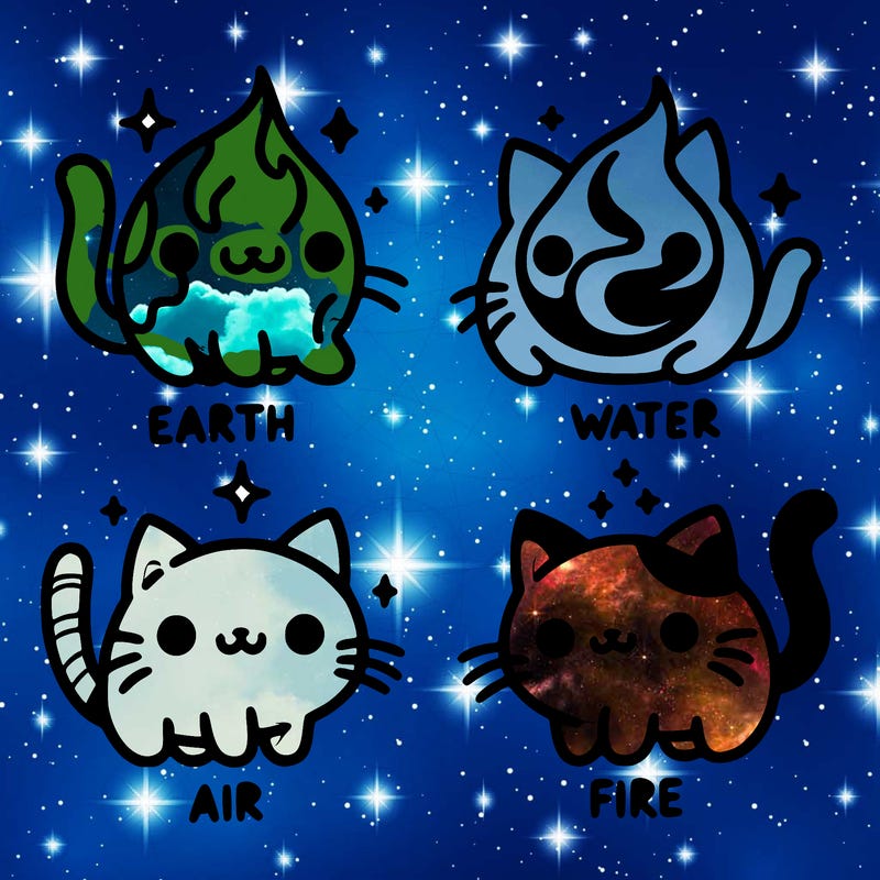 4 cats that represent the different elements, earth, water, air, and fire