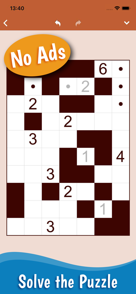 Nurikabe: Islands & Walls - Una cuadrícula de rompecabezas lógico Nurikabe que muestra islas y muros con una insignia de sin anuncios