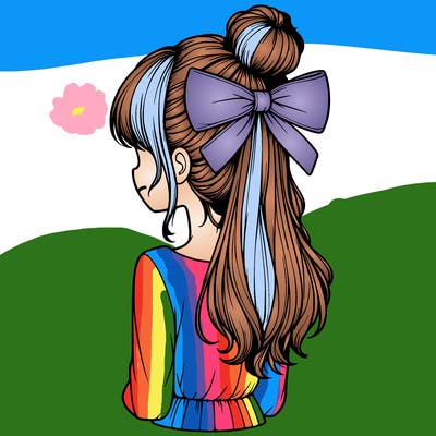 realistic girl  with hip length hair a bun and a big bow on the back of head