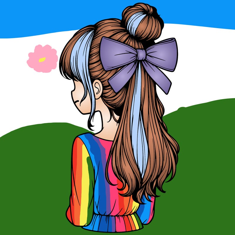 realistic girl  with hip length hair a bun and a big bow on the back of head