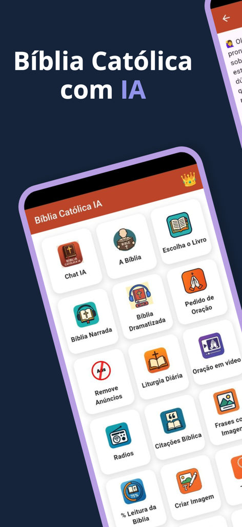 Bíblia Católica IA - Pantalla de inicio de la aplicación Biblia Católica IA que muestra características como chat de IA, Biblia narrada y liturgia diaria en portugués.