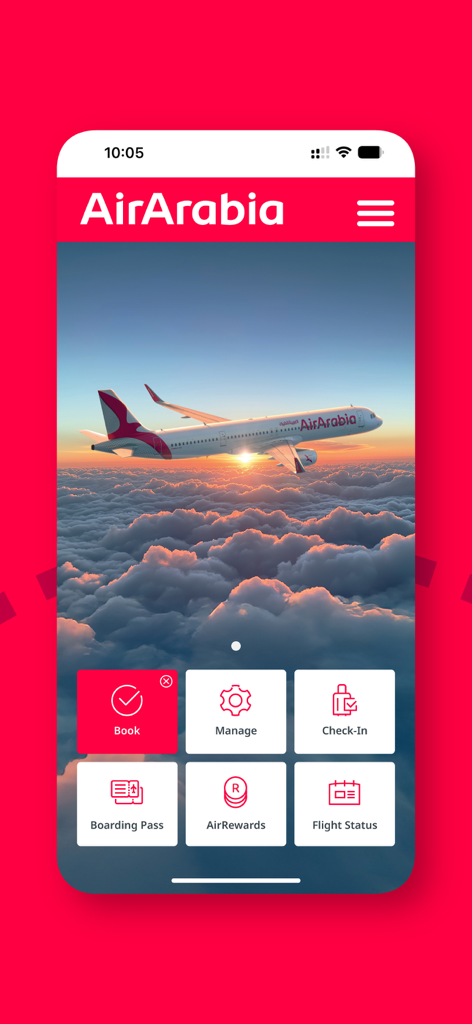 Écran d'accueil de l'application mobile Air Arabia montrant les options de réservation et de gestion de vols