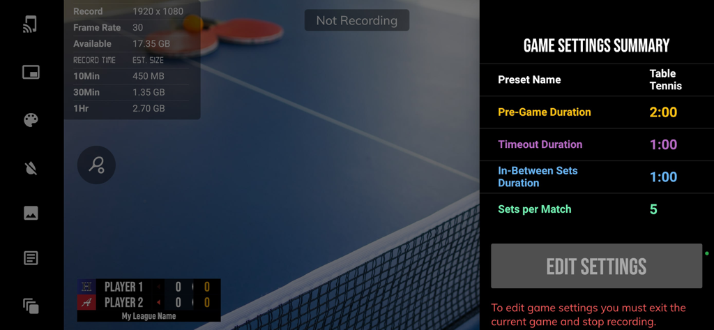 Interface of the BT Table Tennis Camera app showing game settings summary and recording details.