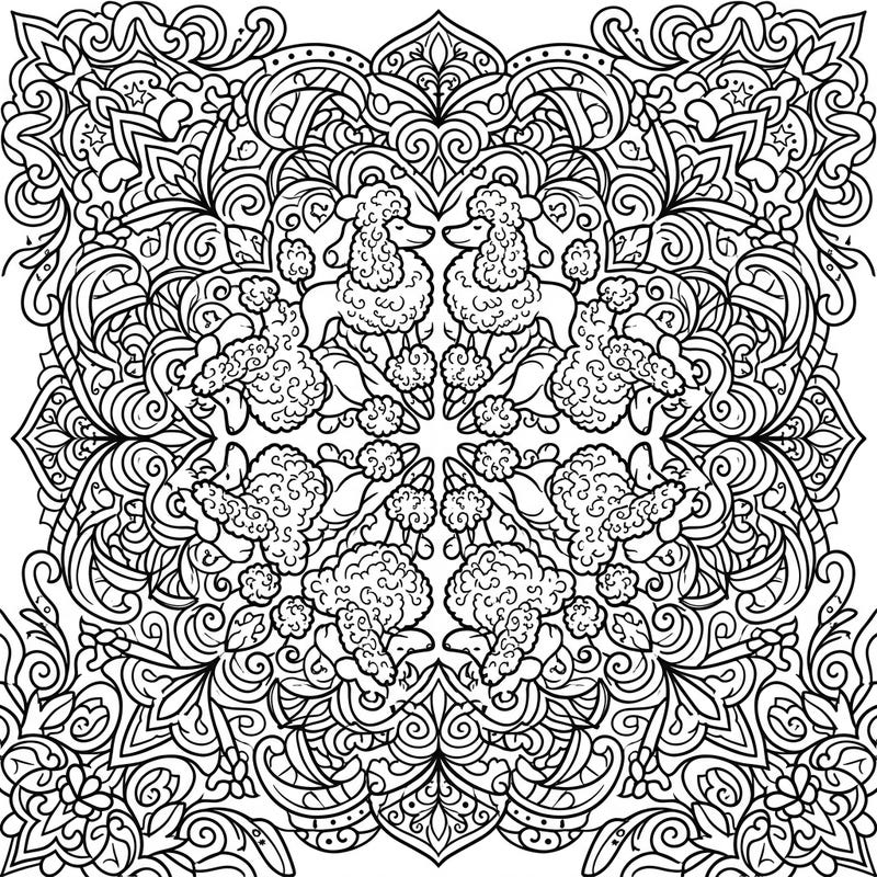 Discover tranquility with this stunning Poodle Mandala coloring page, designed for adults seeking a detailed and engaging artistic escape. Immerse yourself in the symmetrical beauty of elegant poodles intertwined with complex patterns, perfect for mindful relaxation.