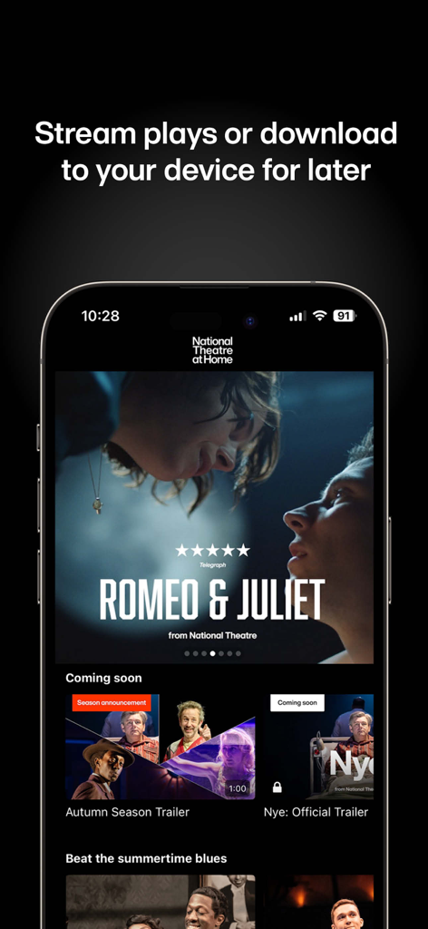 Oberfläche der National Theatre at Home App, die eine Inszenierung von Romeo und Julia anzeigt