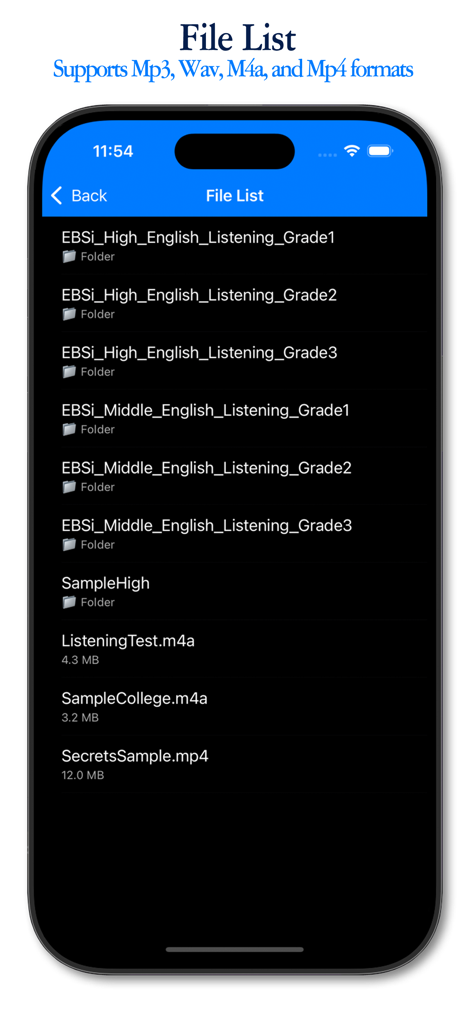Cyclone Pro - 구간반복 Repeater - File list screen in Cyclone Pro showing folders and supported media formats