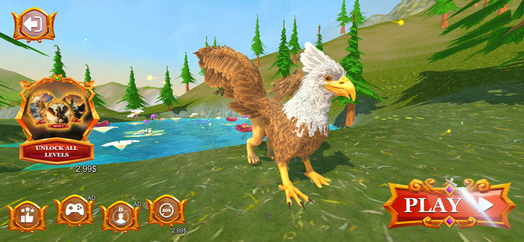 Griffin Life Simulator Game - Main menu screen of the Griffin Life Simulator game showing a 3D griffin in a green landscape with a pond and mountains