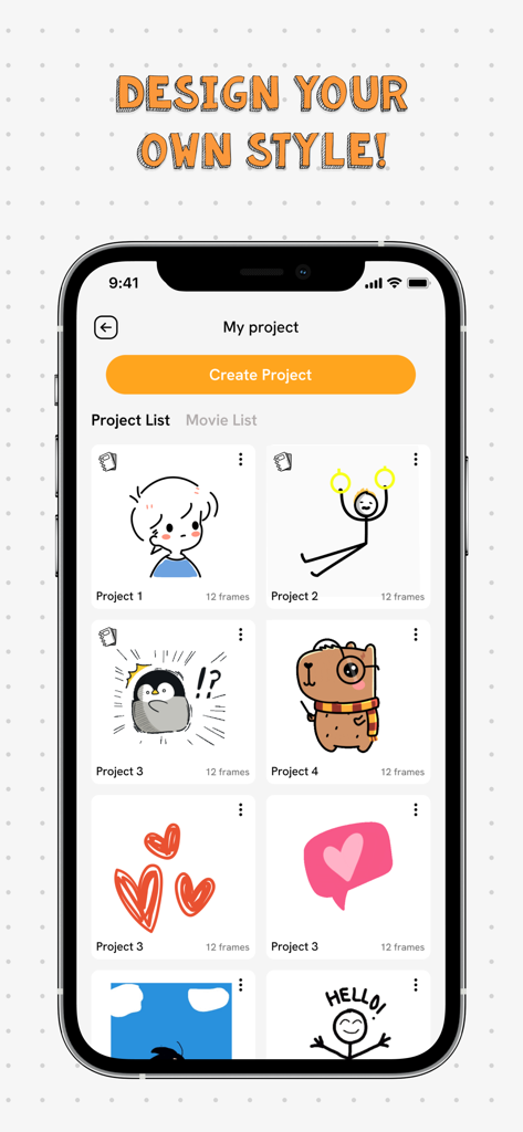 2d animation creator, stickman - Interface showing a list of creative animation projects in the stickman maker app