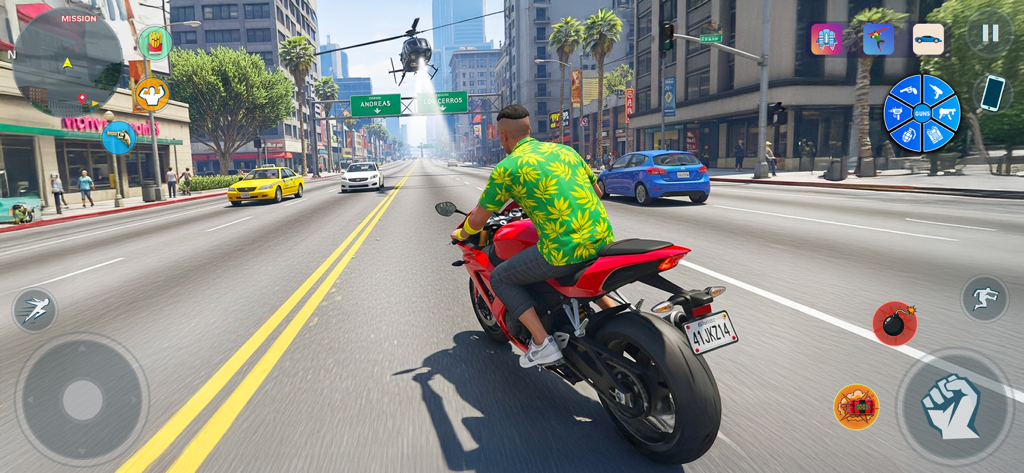 Grand Wars City: Gang Hero 3D - Un personaje con una camisa de patrón de hojas verdes montando una motocicleta roja en una calle de ciudad de mundo abierto con un helicóptero sobrevolando.