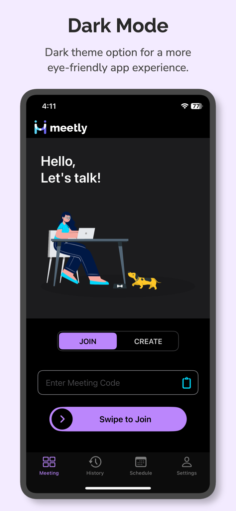 Meetly - Video Meetings - Interfaz de la aplicación Meetly mostrando el modo oscuro con botones para unirse y crear reuniones.