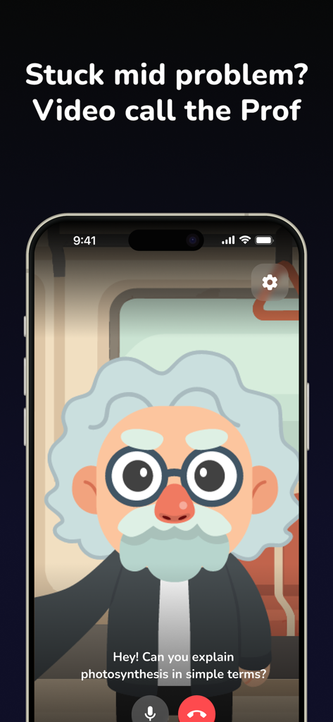 Un écran mobile montrant un appel vidéo individuel avec un tuteur cartoon dans l'application Professor Curious
