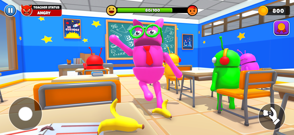 Naughty School Prankster - Eine pinke Cartoon-Figur rutscht auf Bananenschalen in einem bunten Klassenzimmer als Teil eines Schulstreichs.