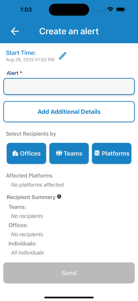 Business Continuity Plan - Interface for creating a corporate emergency alert with recipient selection by offices teams and platforms.