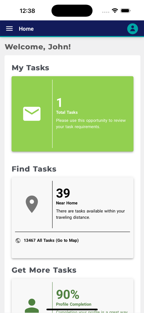 iShopFor Ipsos NEXT - The home screen of the iShopFor Ipsos NEXT app displaying mystery shopping tasks and profile completion status