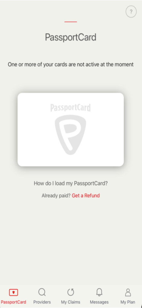 PassportCard Pcard app interface showing an inactive insurance card and navigation bar