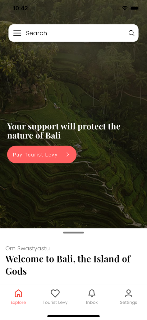 Home screen of the Love Bali app with a pay tourist levy button and rice terrace background
